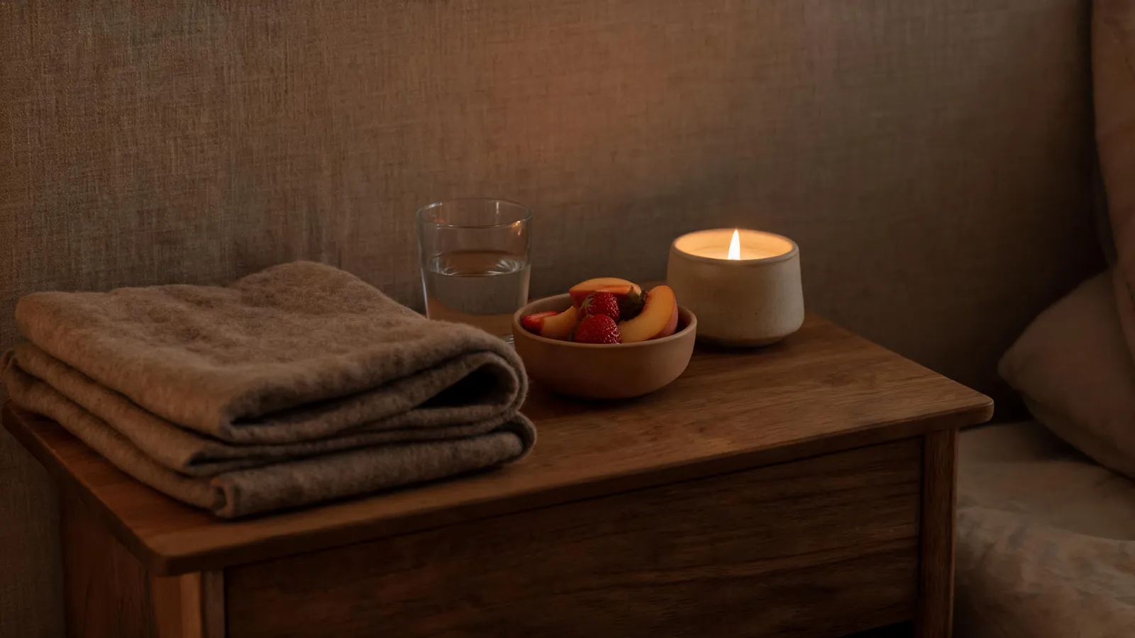 A folded blanket, a glass of water and fruit on a bedside table