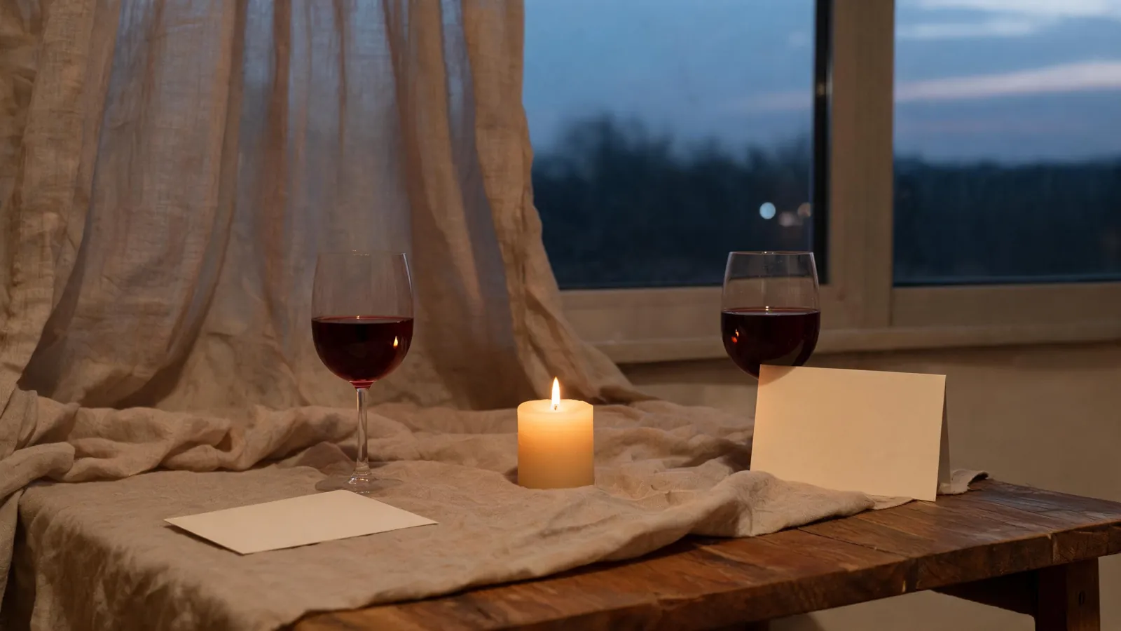 Two glasses, a candle and two blank cards on a table