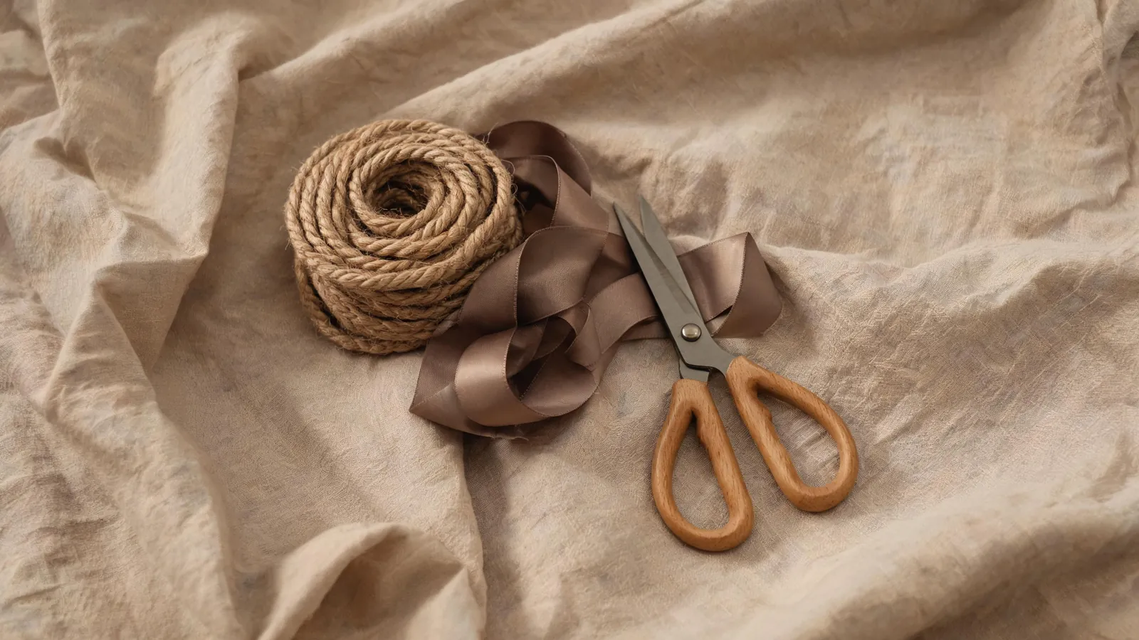 A coiled cotton rope, a ribbon and safety scissors on linen