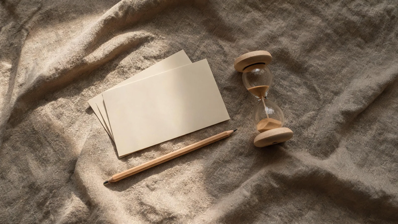 Blank cards, a pencil and an hourglass on linen