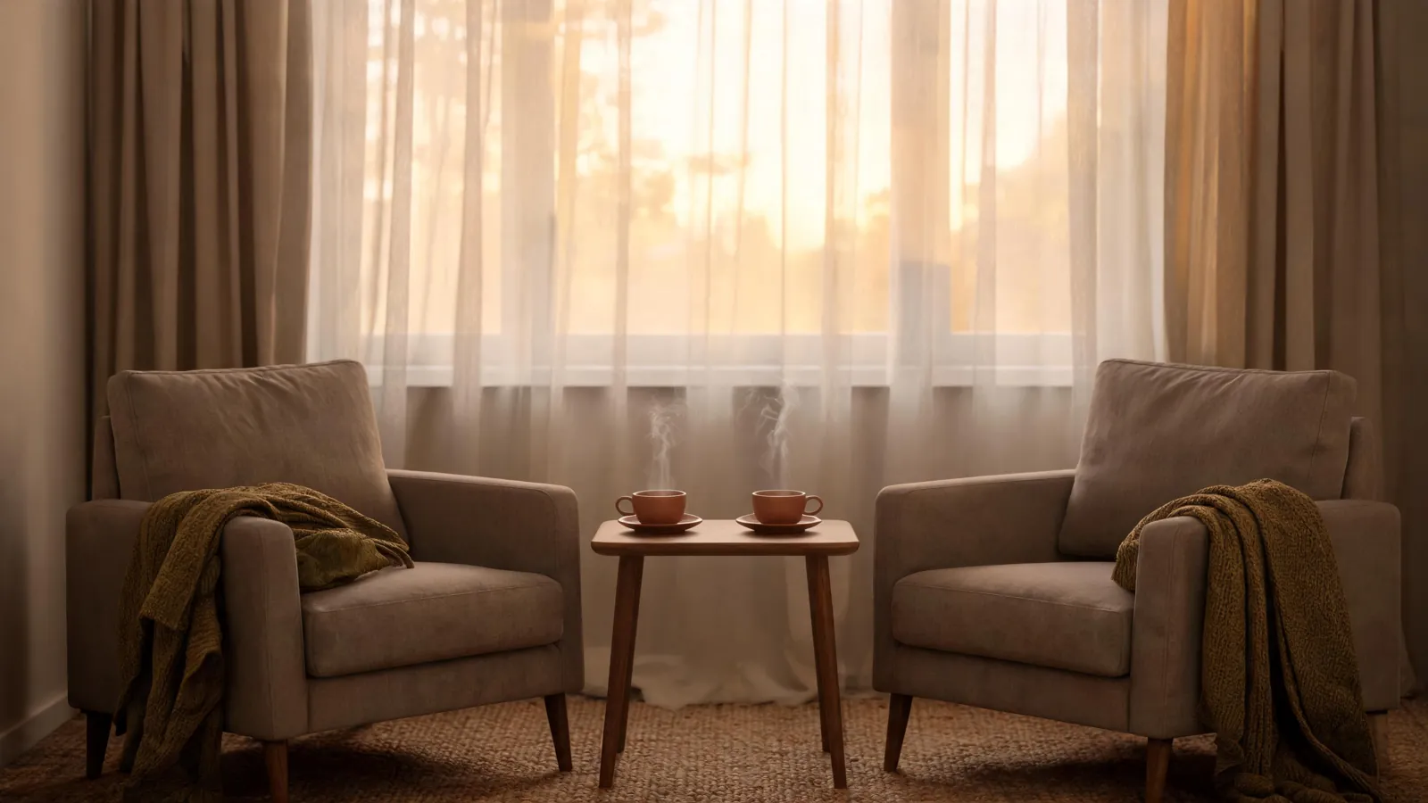 Two armchairs facing each other with cups of tea