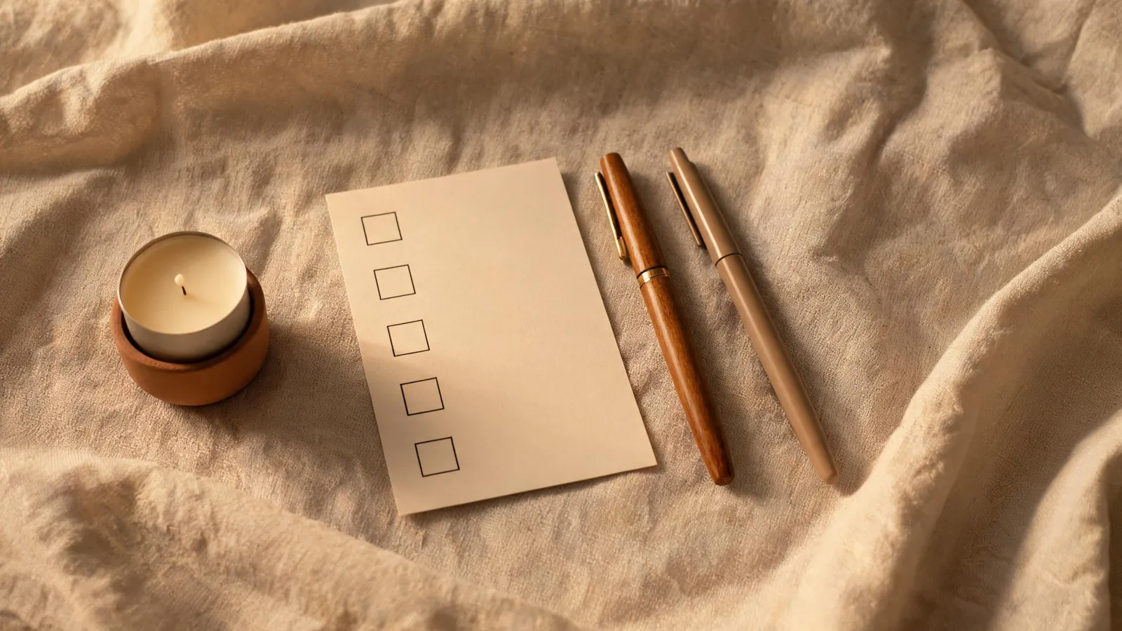 Two pens and a blank card on a linen tablecloth
