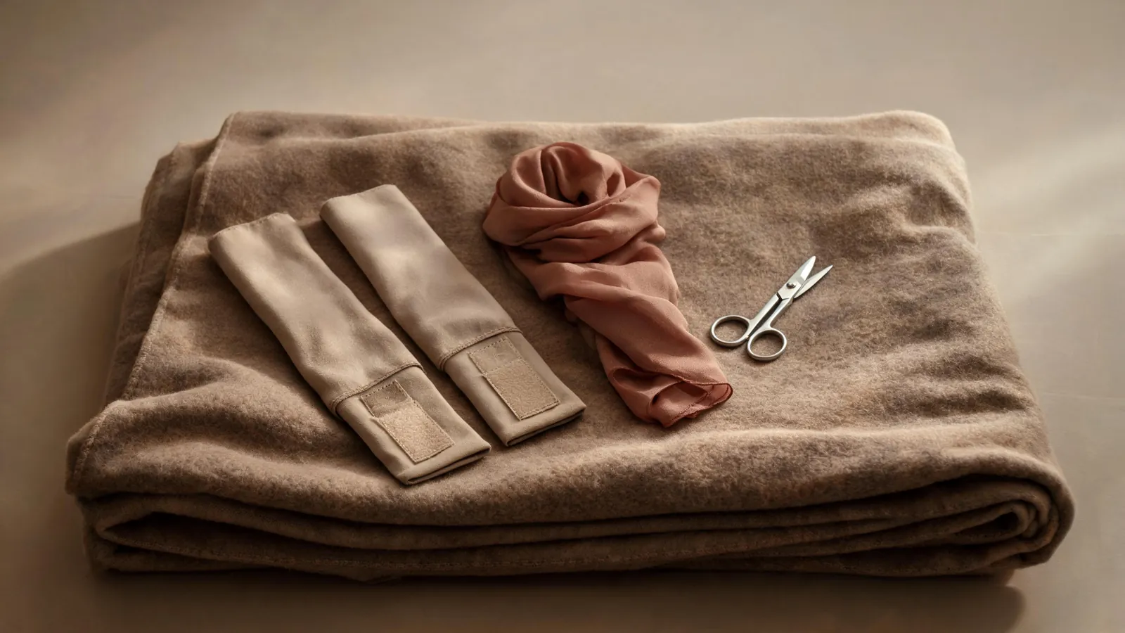 Soft fabric cuffs, a silk scarf and safety scissors on a blanket
