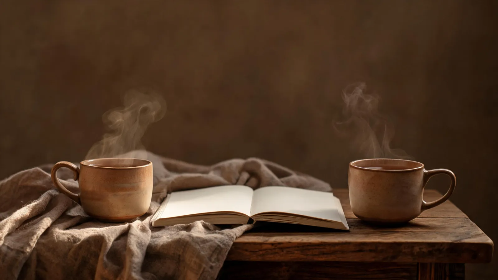 Two cups of tea and an open notebook on a small table