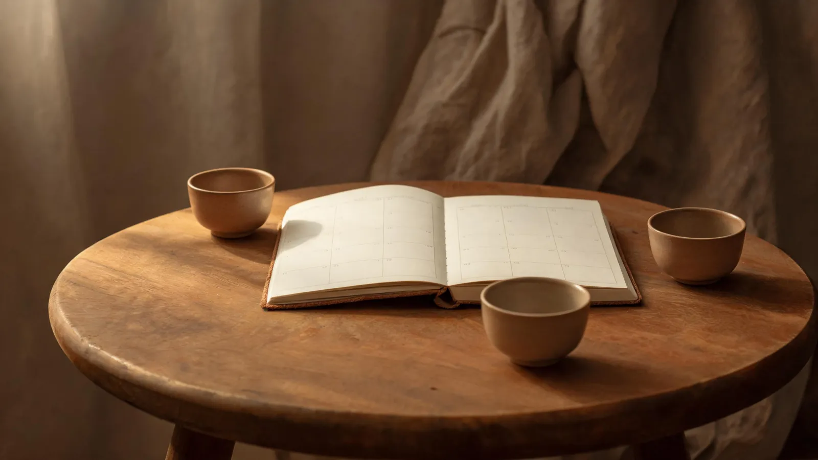 Three teacups around a table with a notebook