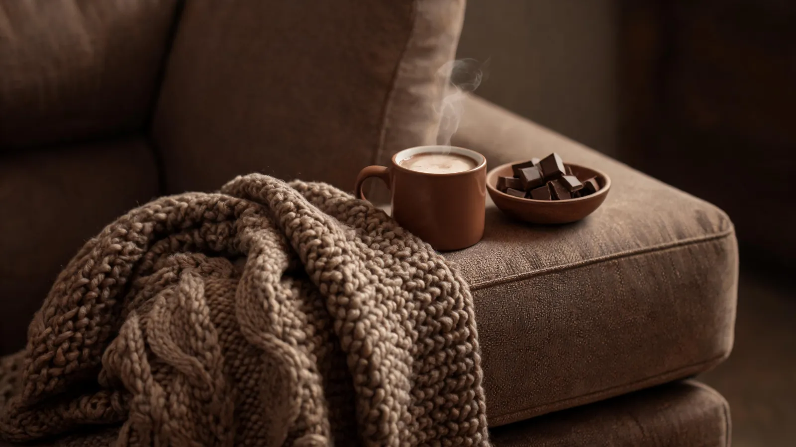 A knit blanket, hot cocoa and chocolate on a sofa