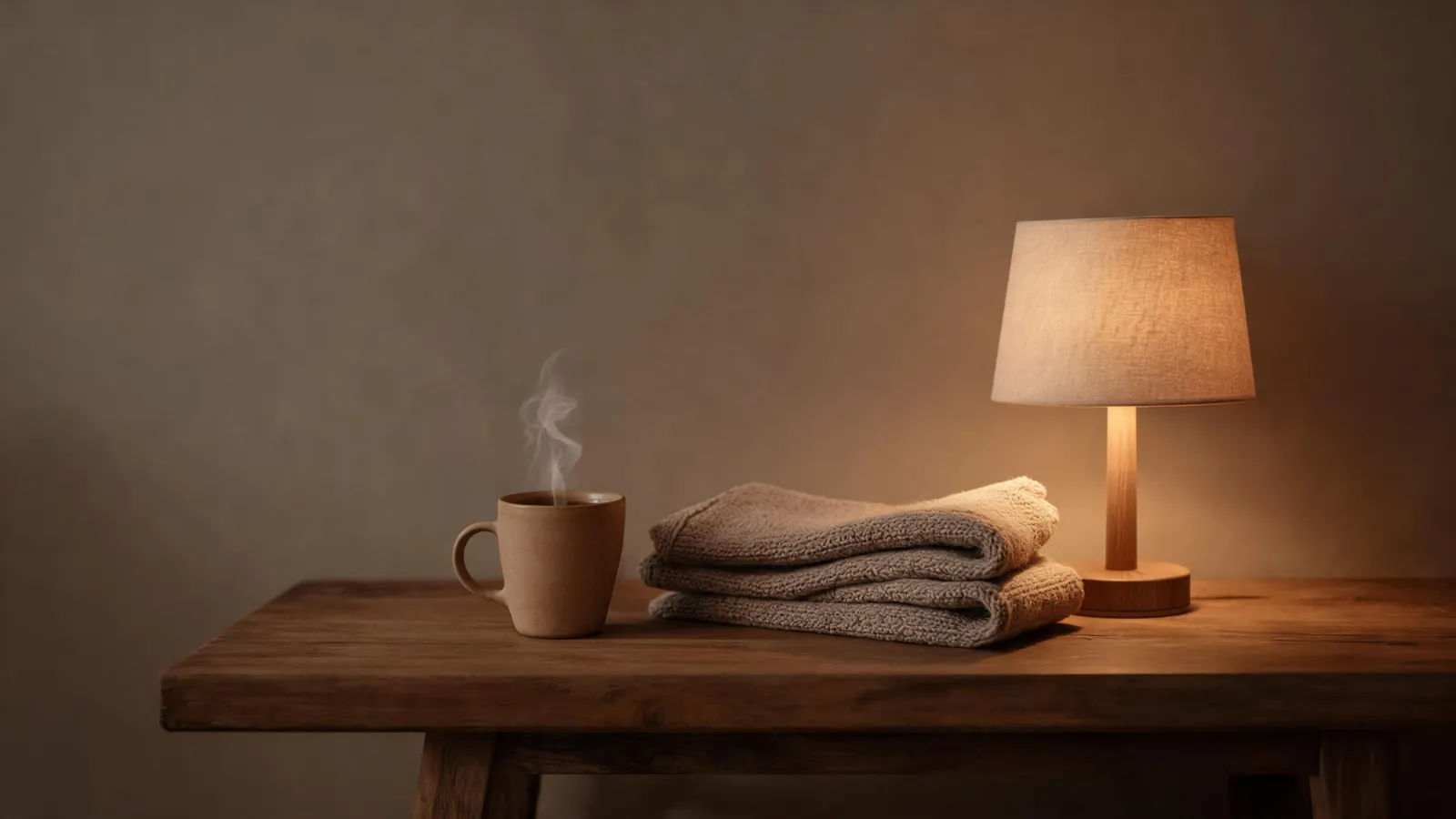 A mug of tea, a blanket and a lamp on a side table
