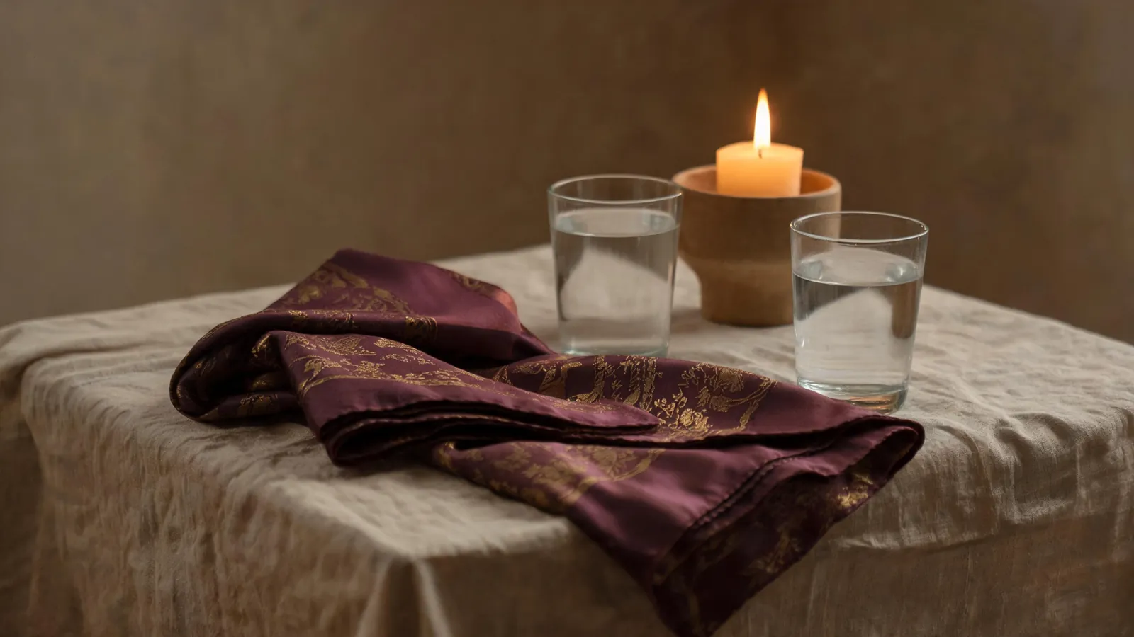 A silk scarf, two glasses of water and a candle on a linen table