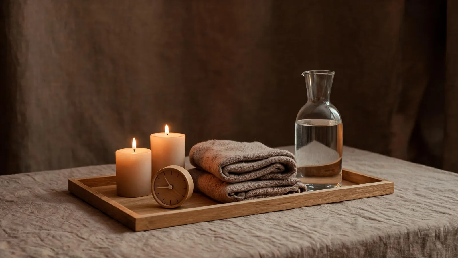 A tray with candles, a timer, a blanket and water