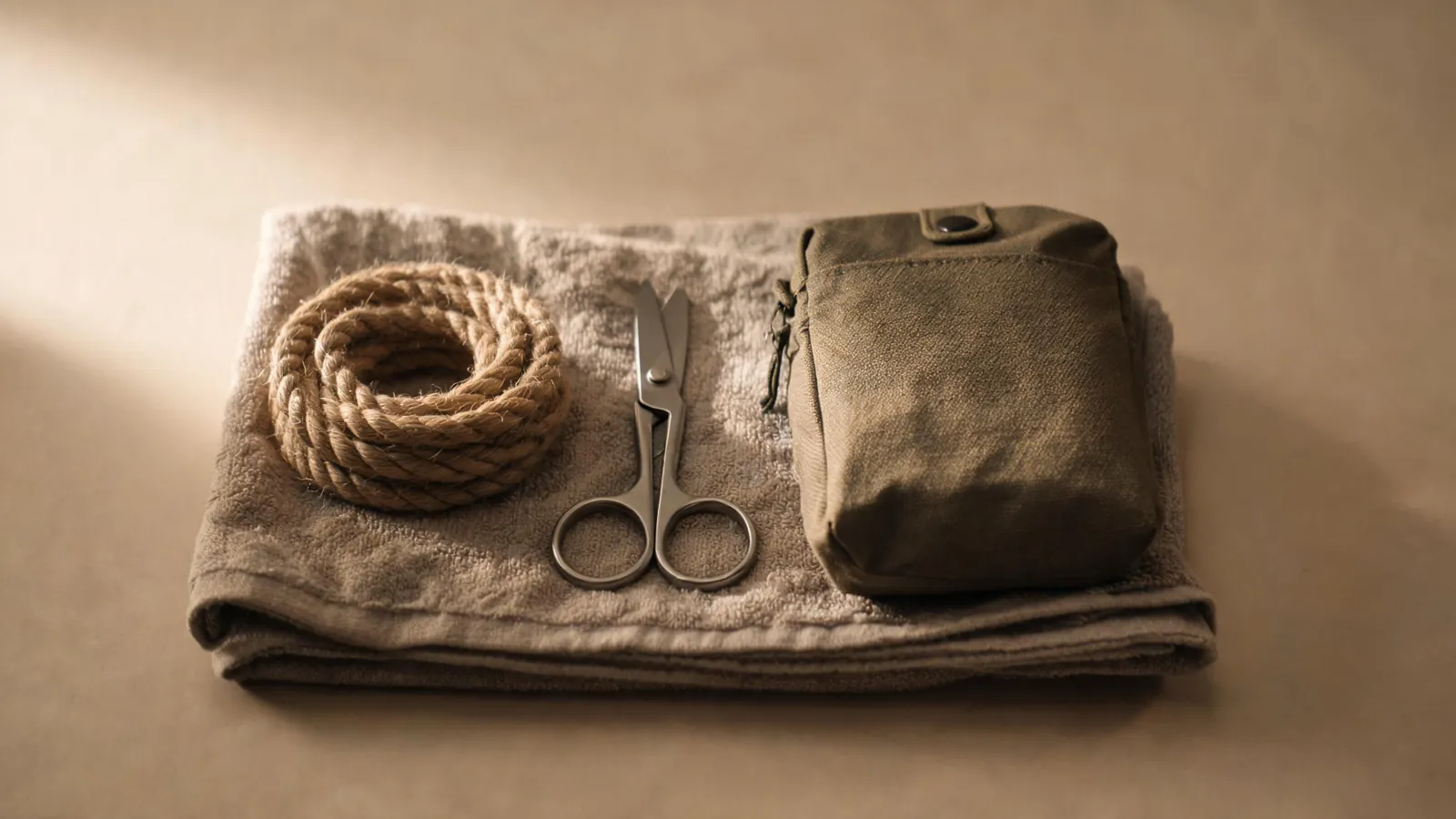 Safety shears, a soft rope and a first aid pouch on a towel