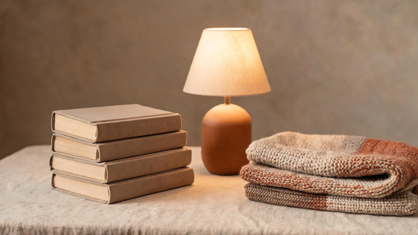 Cloth-bound books beside a reading lamp and a blanket