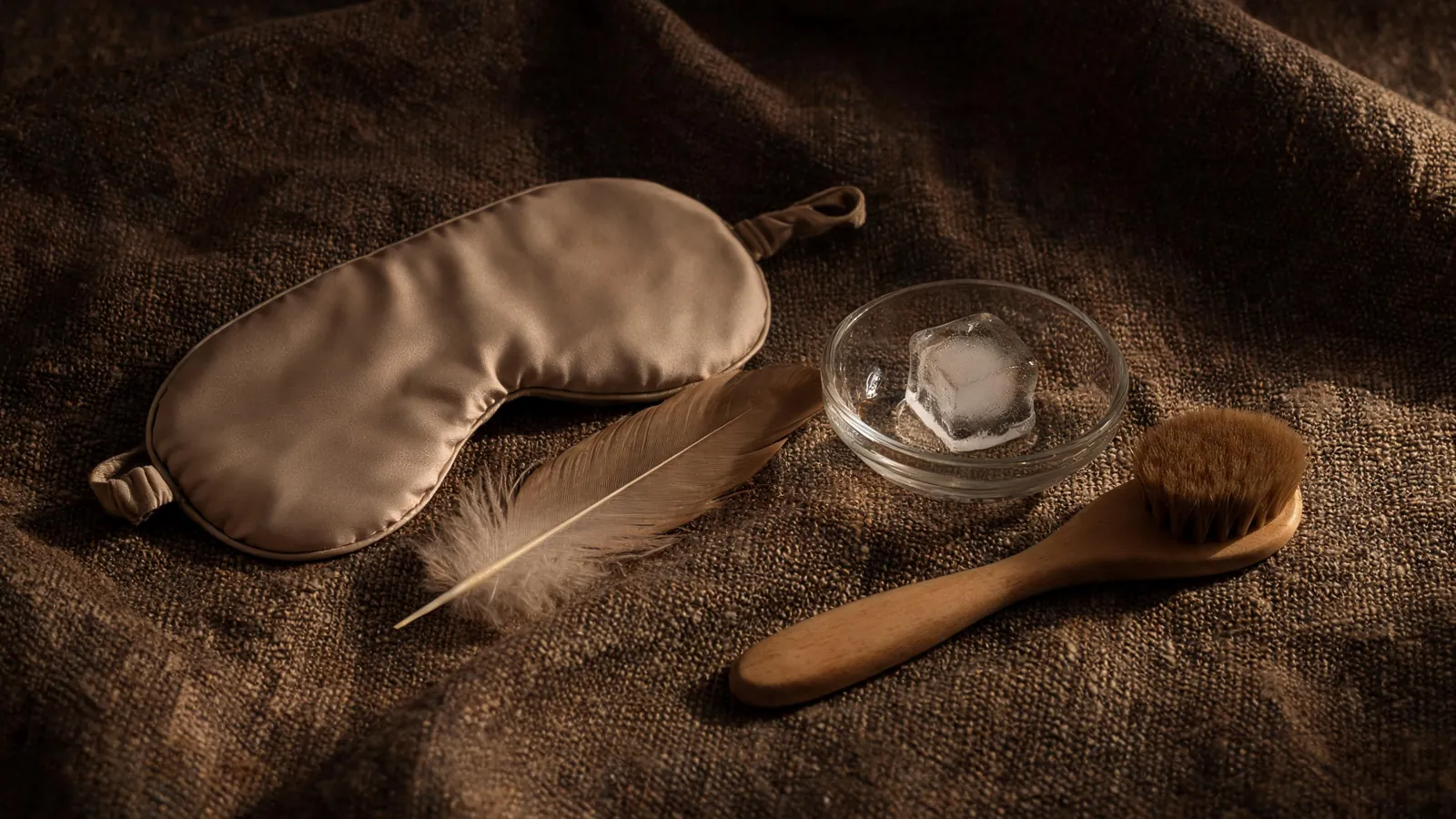 A silk mask, a feather, ice and a soft brush on linen