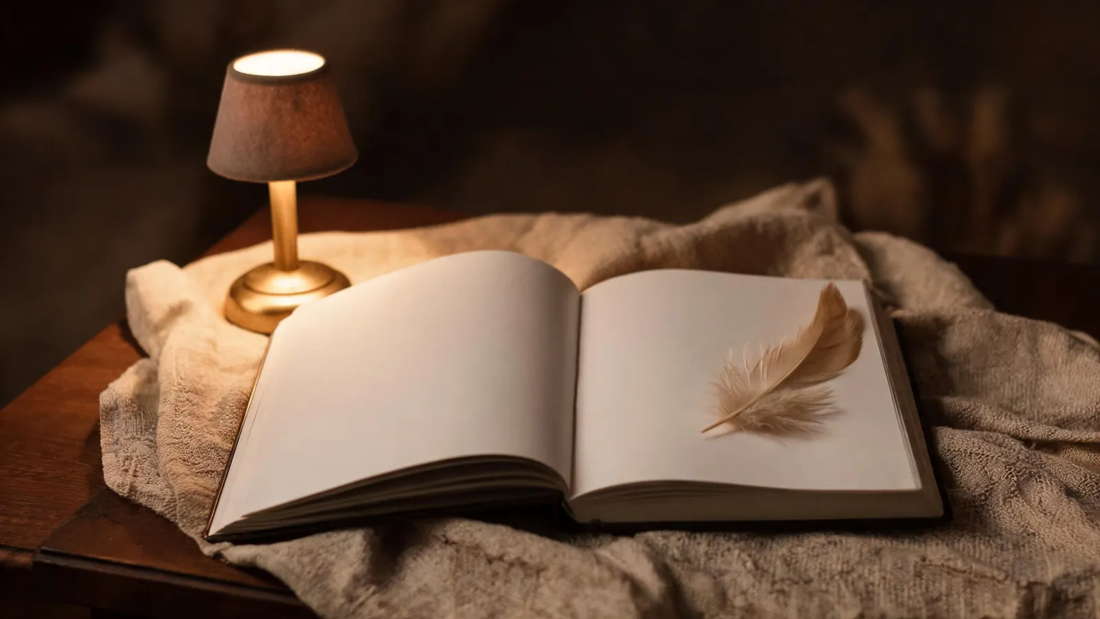 An open journal, a feather and a brass lamp at dusk
