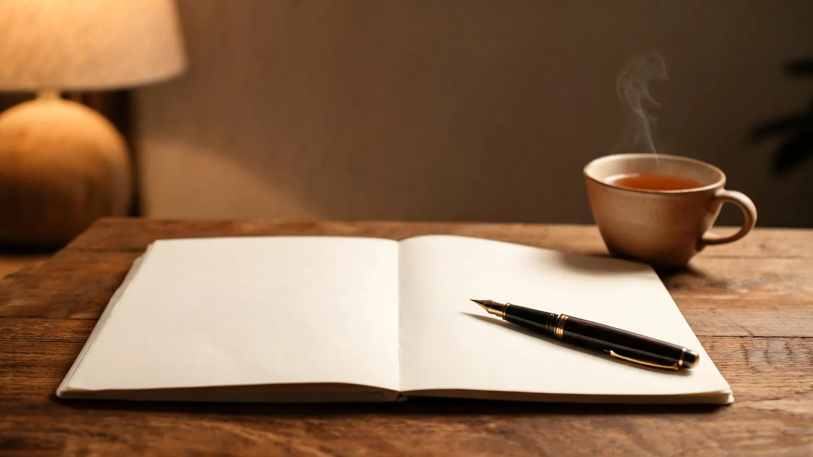 An open notebook, a pen and a cup of tea on a desk